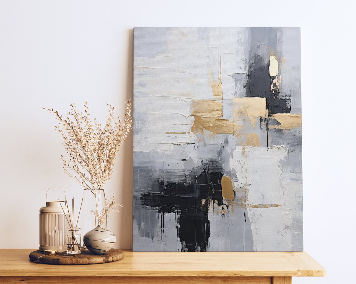 Abstract Painting, Gold Black White Living Room - Image 2