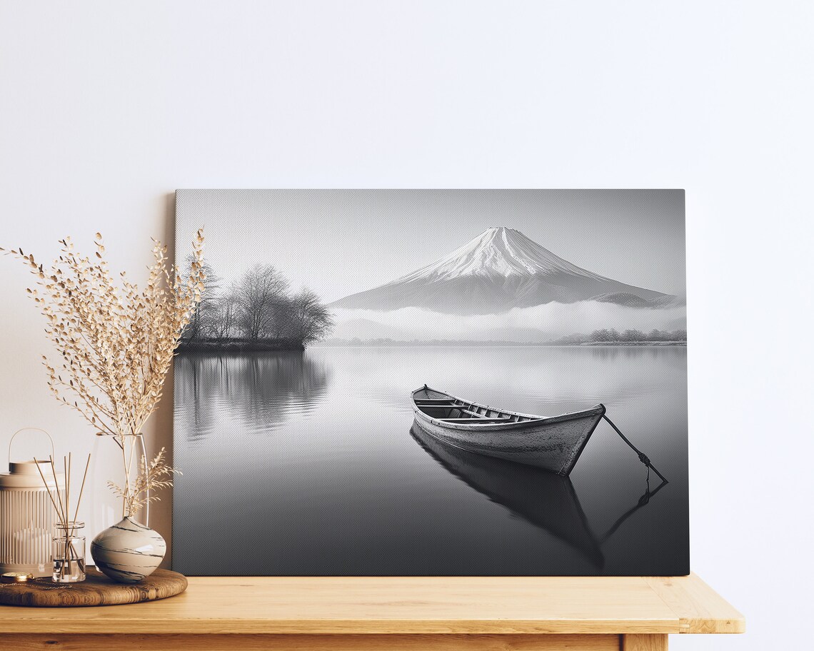 Mount Fuji Calm Lake Japanese Mountain Boat Art Print