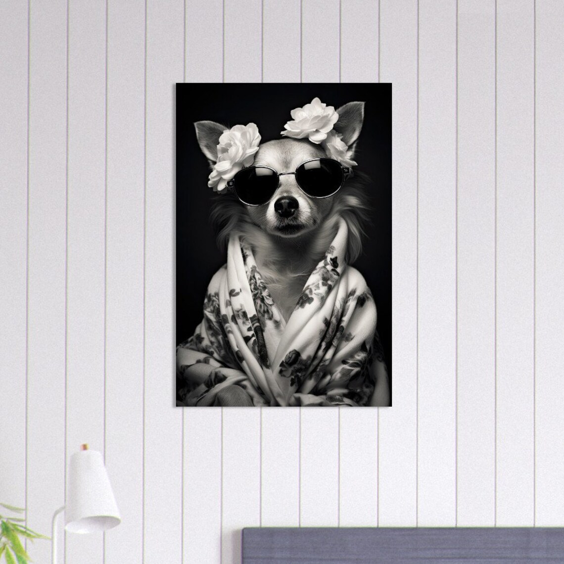 Whimsical Chihuahua In Robe, Black And White Bathroom Art Print - Image 2
