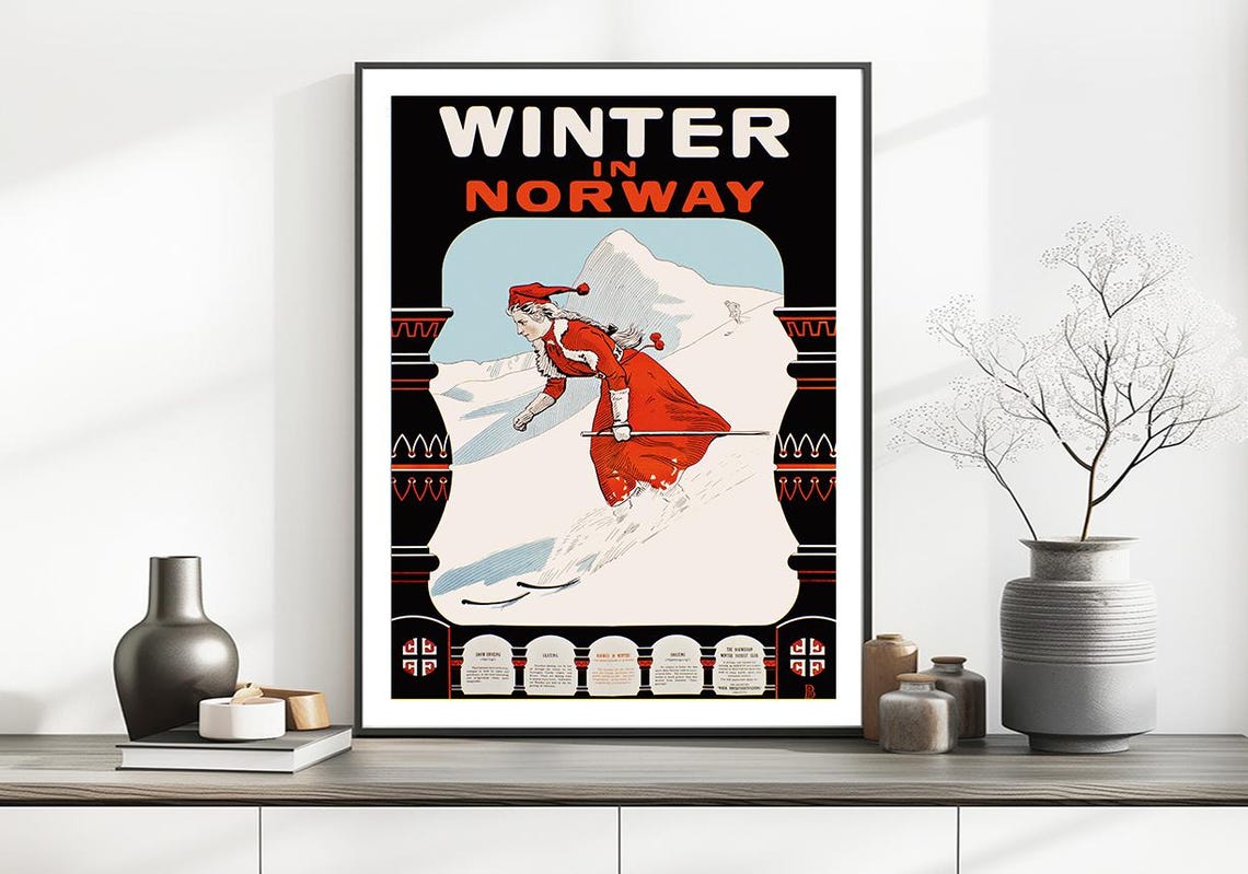 Winter in Norway Vintage Skiing Travel Poster Retro Red Art Decor - Image 2