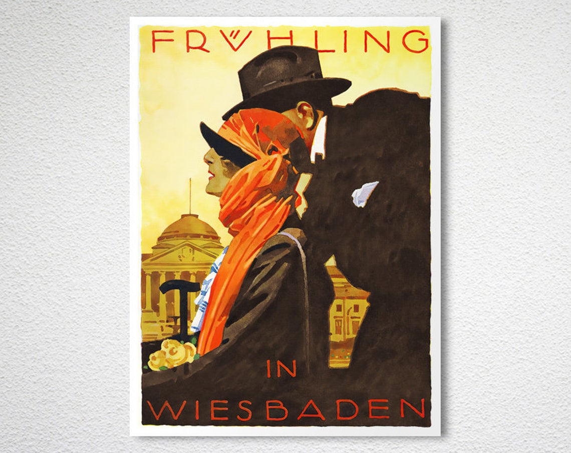 Spring In Wiesbaden Elegant Couple Vintage German Travel Poster - Image 2