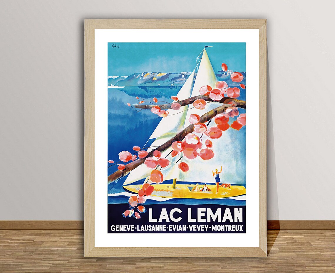 Lac Leman Suisse Vintage Travel Poster, Lake Leman