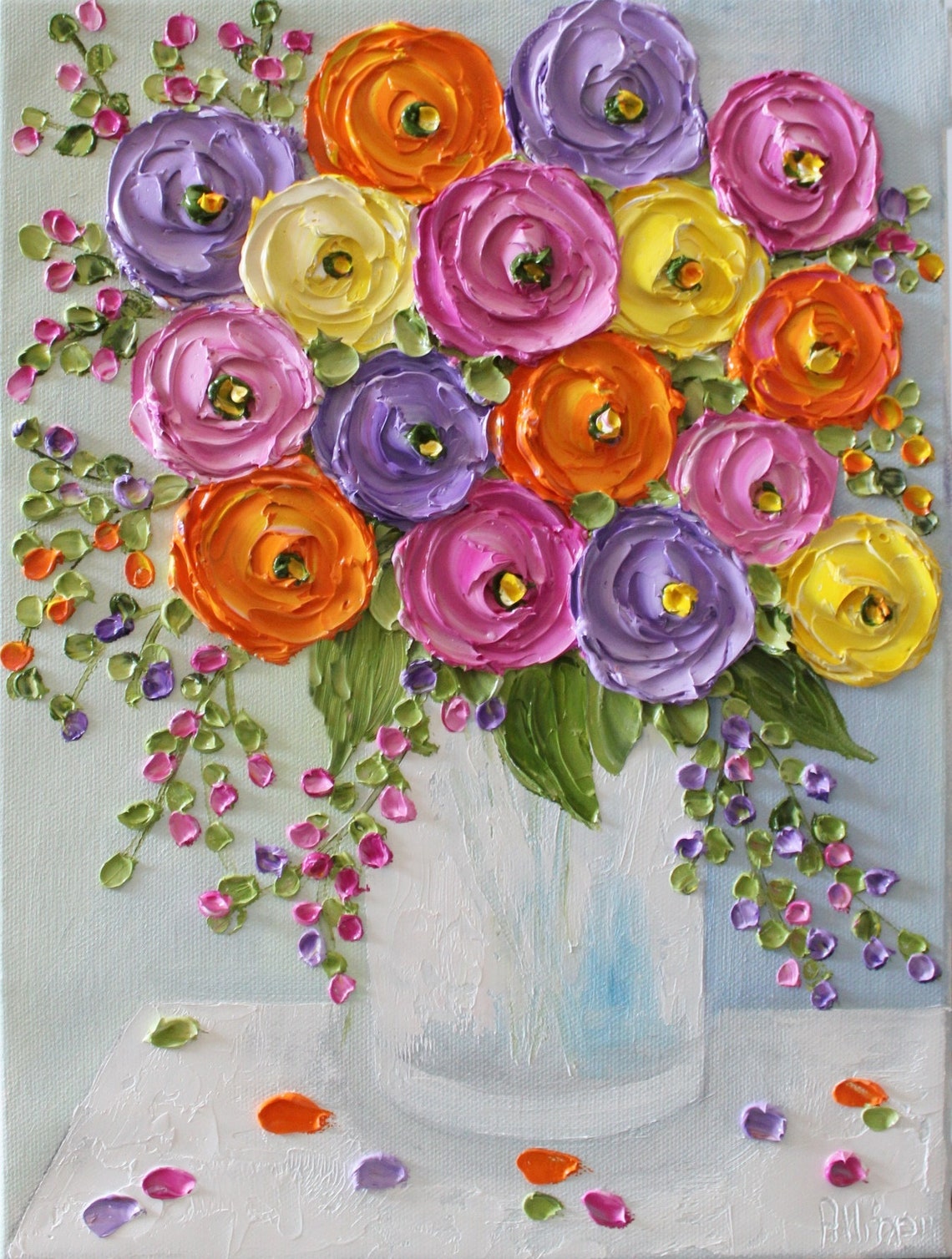 Bright Ranunculus Bouquet in Orange Purple Pink Impasto Art Poster - Image 5