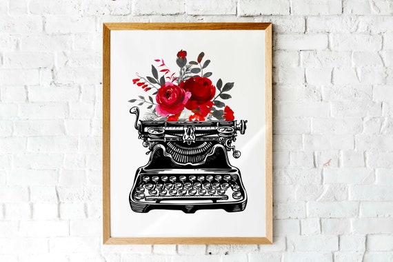 Vintage Typewriter With Watercolor Flowers Art Print