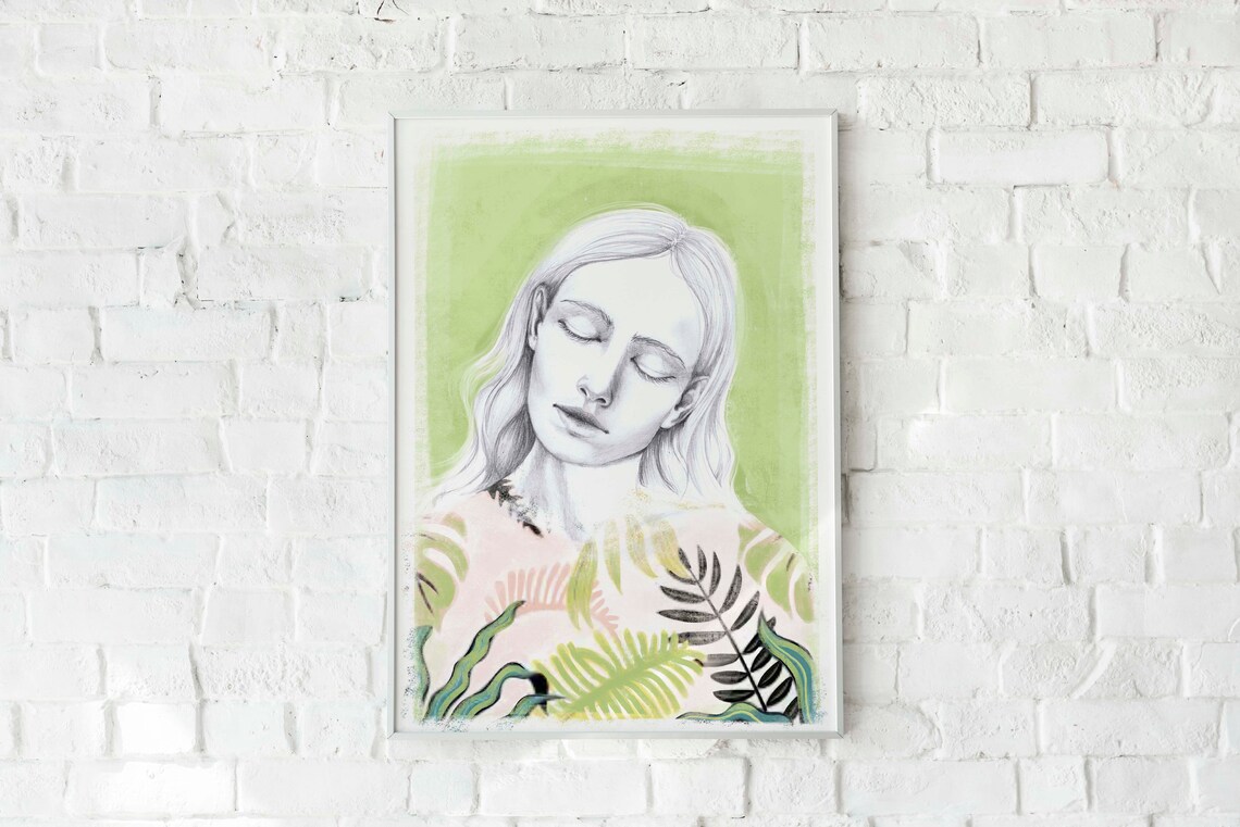 Sketch Portrait Blonde Woman Closed Eyes Green Mixed Media Art Print - Image 2