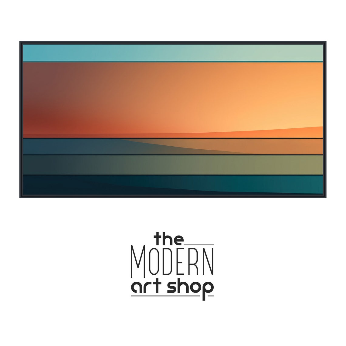 Panoramic Sunset Stripe Bands Teal Orange Minimalist Retro Print - Image 4