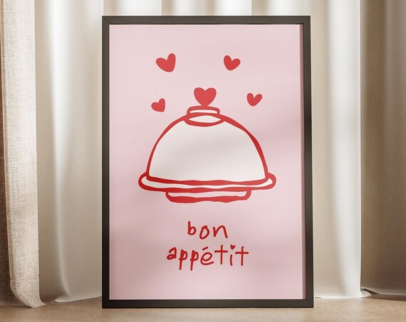 Bon Appetit Pink Cloche Hearts Hand Drawn Kitchen Typography Poster