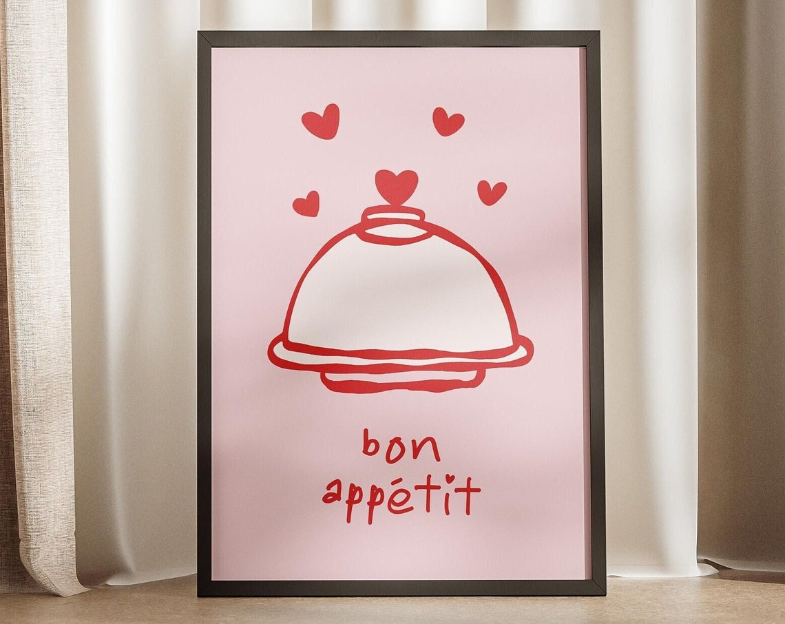 Bon Appetit Pink Cloche Hearts Hand Drawn Kitchen Typography Poster