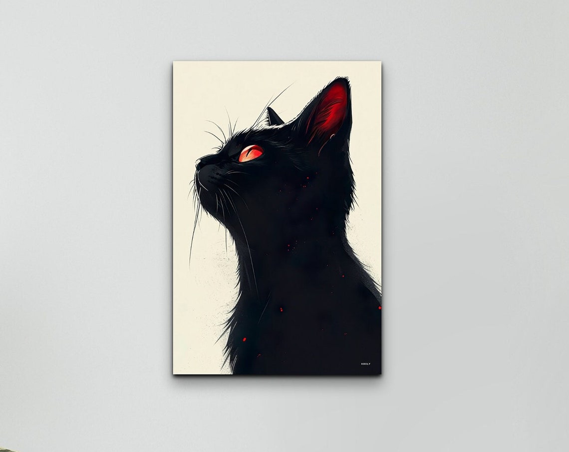 Minimalist Black Cat Silhouette Profile Red Eye Modern Wall Art
