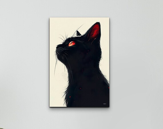 Minimalist Black Cat Silhouette Profile Red Eye Modern Wall Art