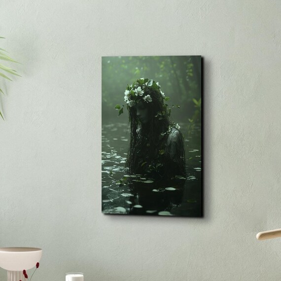 Woodland Water Spirit with Leaf Crown Dark Forest Wall Poster