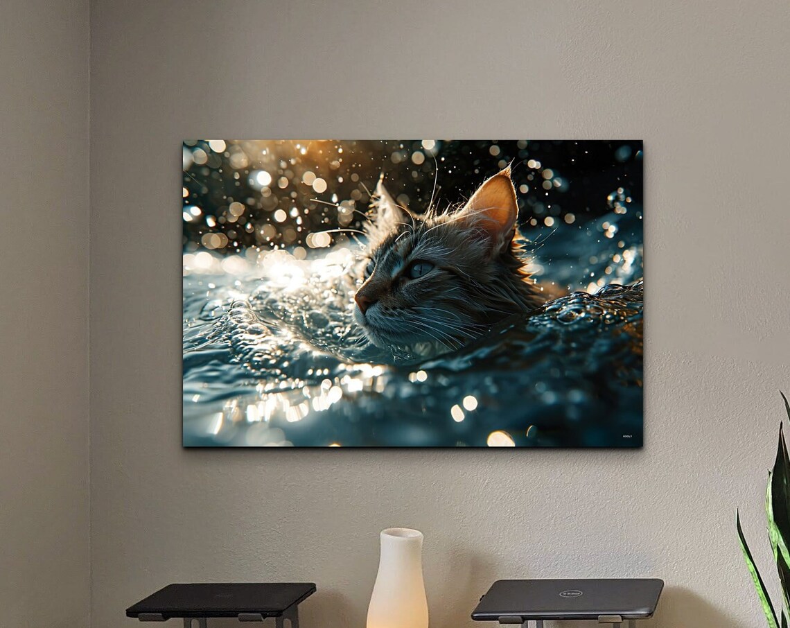 Cat In Water Wall Art Print, Animal Landscape