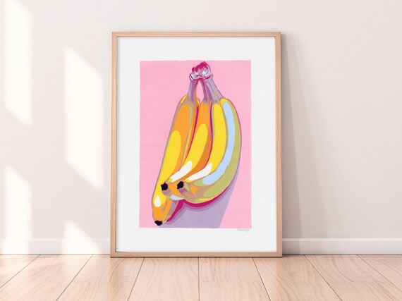 Banana Pop Art on Pink Background Modern Fruit Kitchen Wall Poster