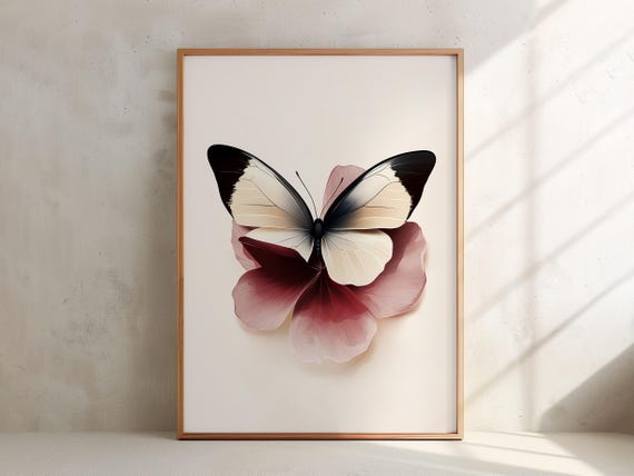 Beautiful Butterfly Art Print Burgundy Colour Wall Art Flower Petal Watercolour Illustration Art Elegant Home Decor 171