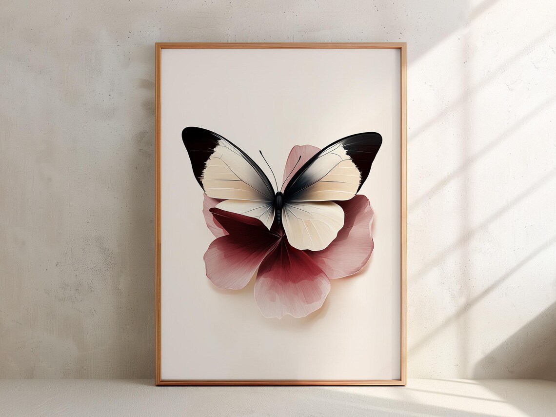 White Butterfly Burgundy Petals Minimalist Insect Art Poster