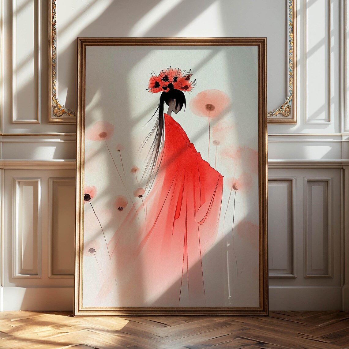 Geisha Red Kimono Watercolor Japanese Woman Portrait Floral Art Poster