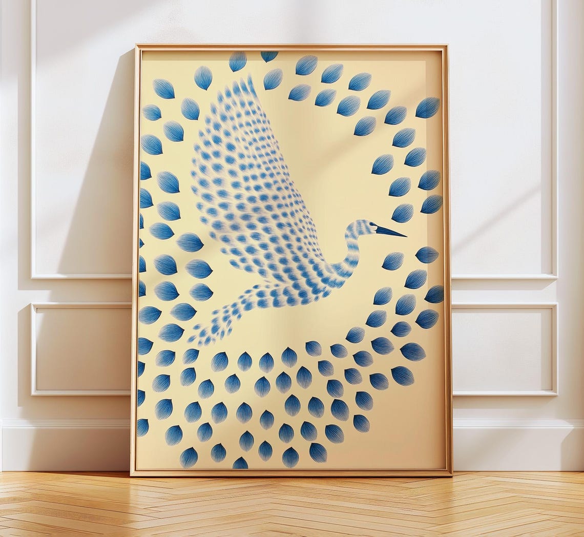 Blue Flying Crane Dot Mosaic Artwork Abstract Bird Wall Poster