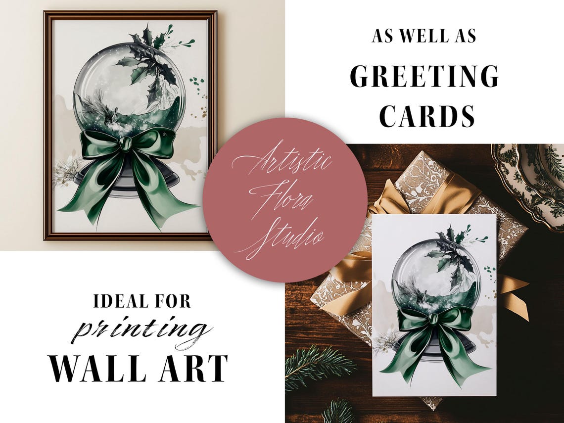Green Holly Snow Globe With Satin Bow Christmas Watercolor Art Poster