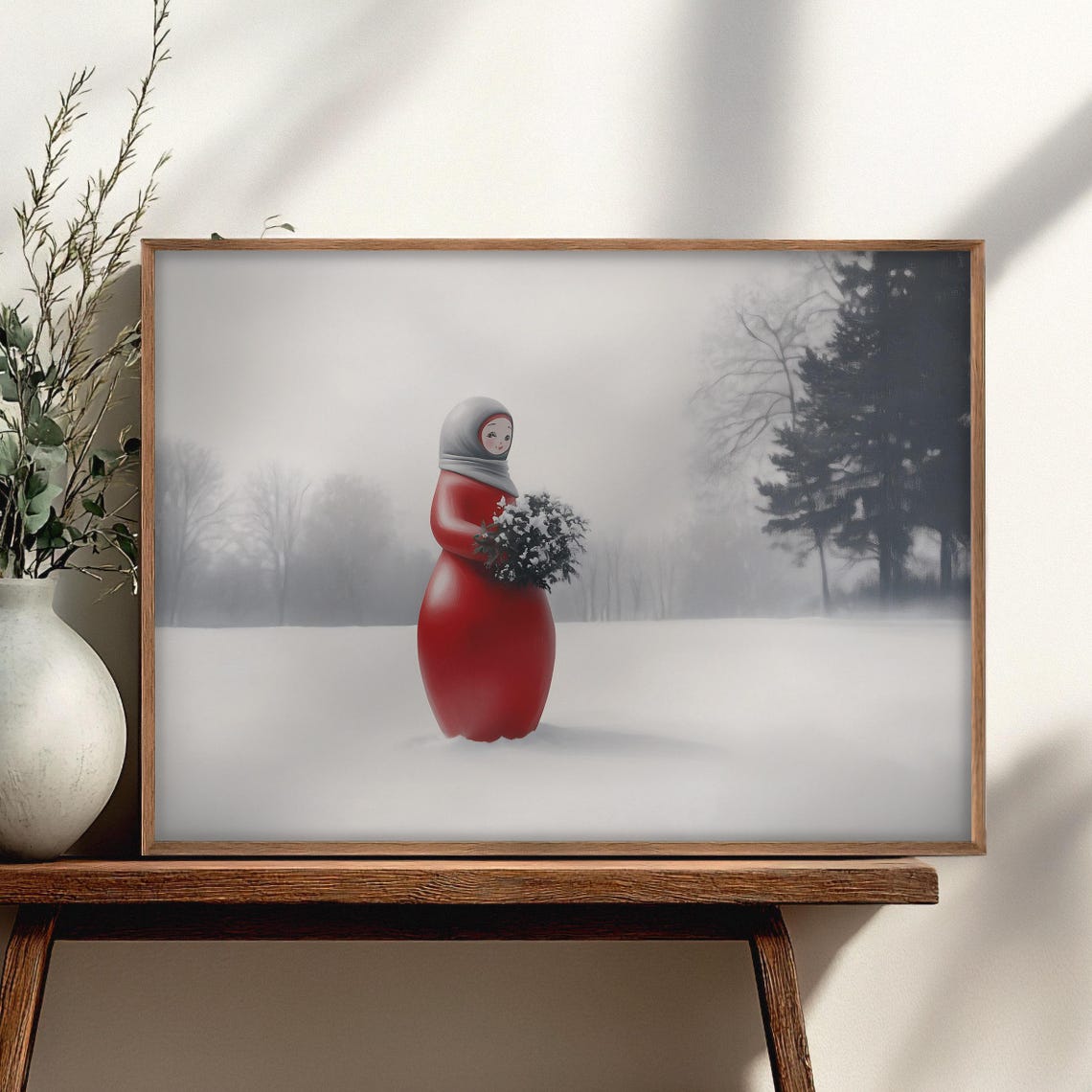 Red Matryoshka Doll With Gray Scarf In Snowy Landscape Art Poster - Image 4