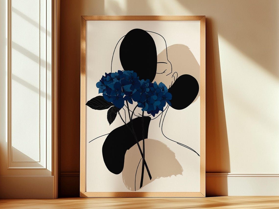 Blue Hydrangea Abstract Line Art Woman Profile Modern Art Poster