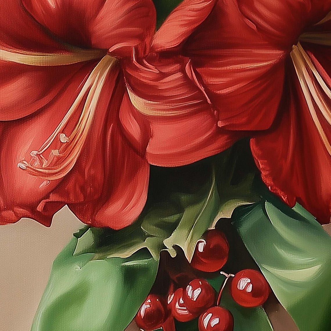 Red Amaryllis Bouquet With Holly Berries And Green Ribbons Poster - Image 3