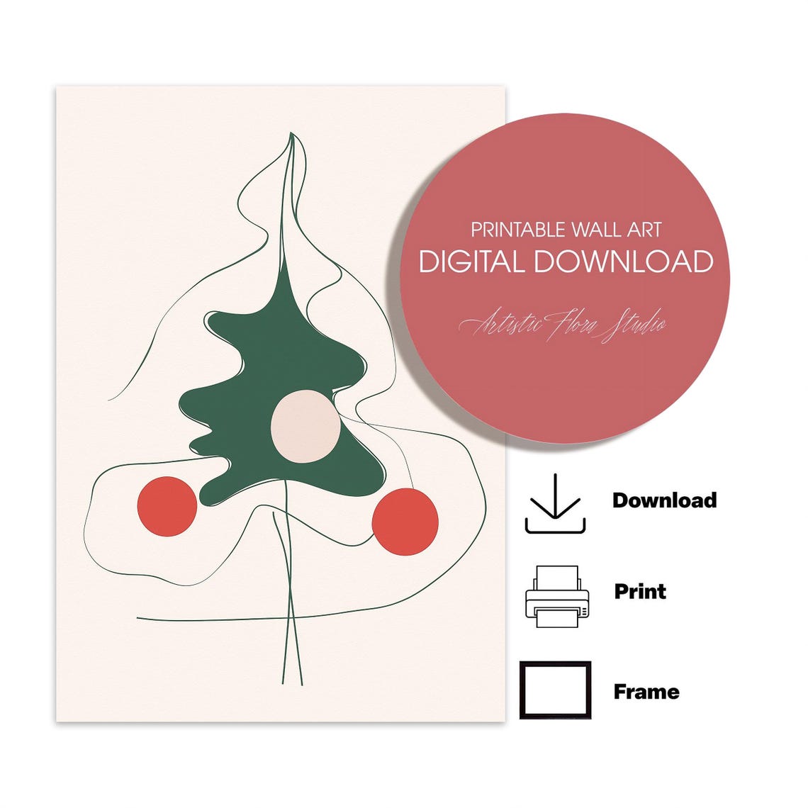Abstract Green Line Drawing Christmas Tree With Red Ornaments Poster - Image 4