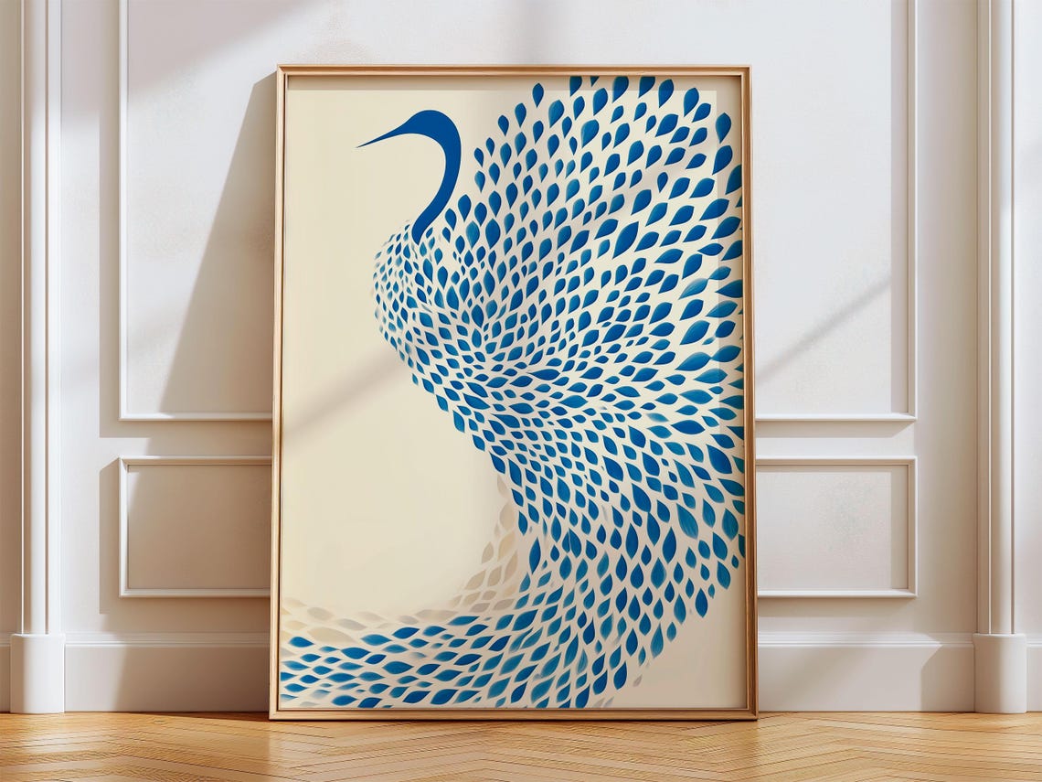 Blue Dotted Egret Petal Design Japandi Minimalist Art Poster
