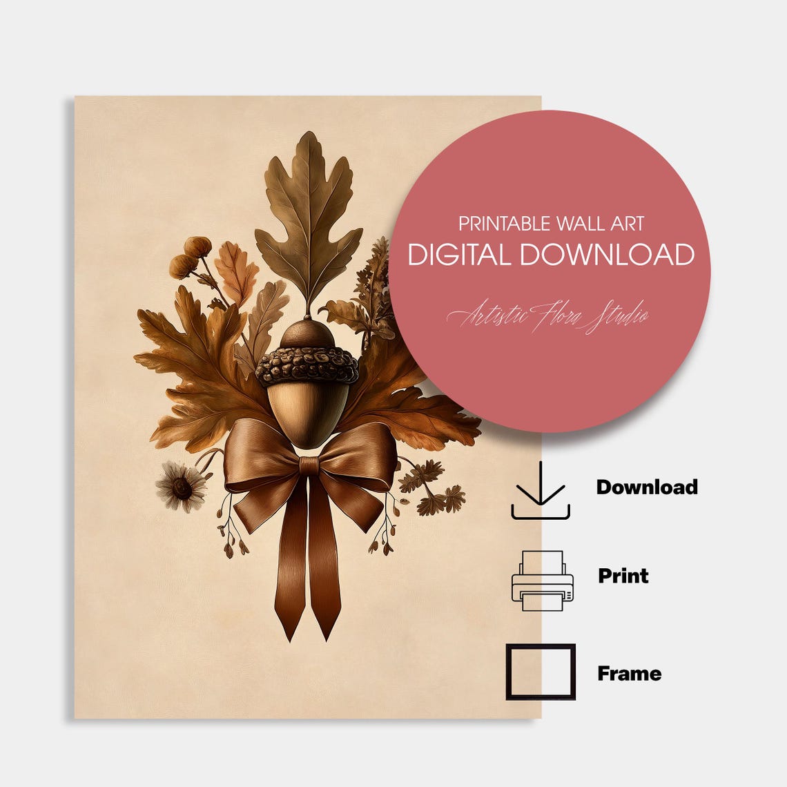 Vintage Acorn Oak Leaf Botanical Illustration Brown Bow Poster - Image 3