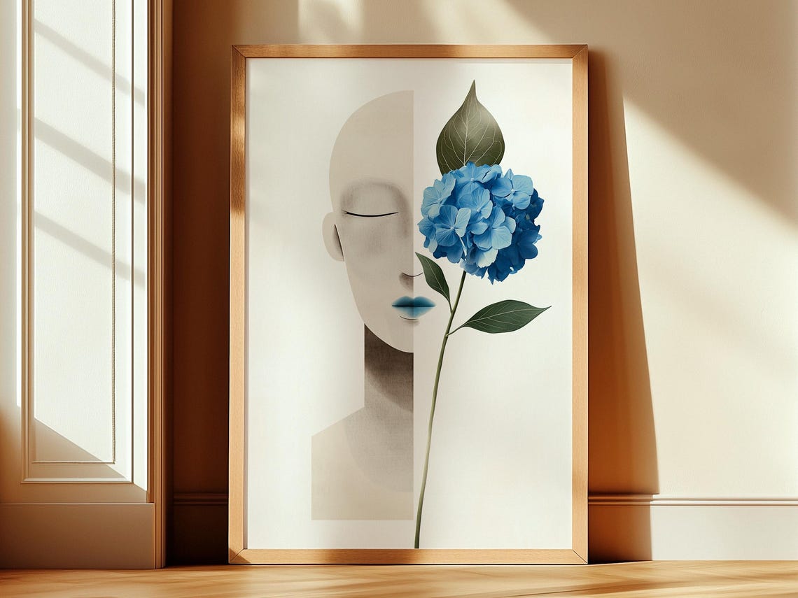 Abstract Beige Face Blue Hydrangea Modern Minimalist Art Poster