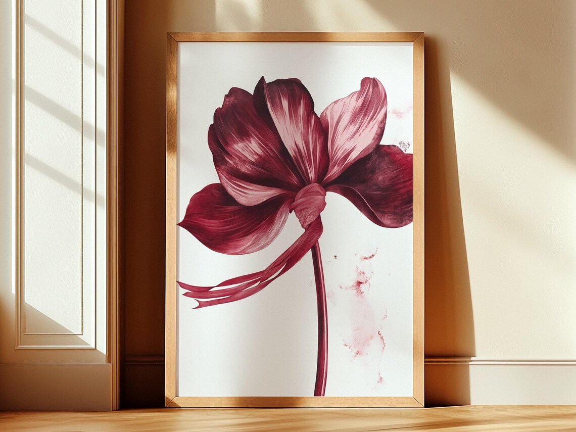Burgundy Floral Blossom with Ribbon Botanical Watercolor Poster