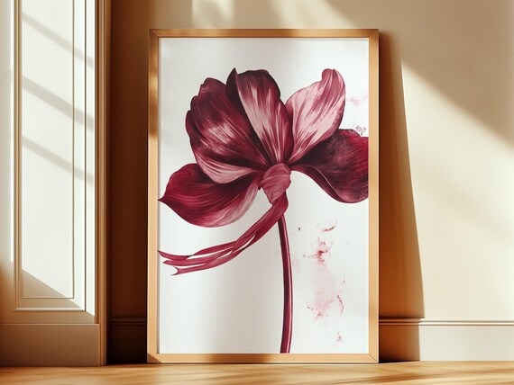 Burgundy Floral Blossom with Ribbon Botanical Watercolor Poster
