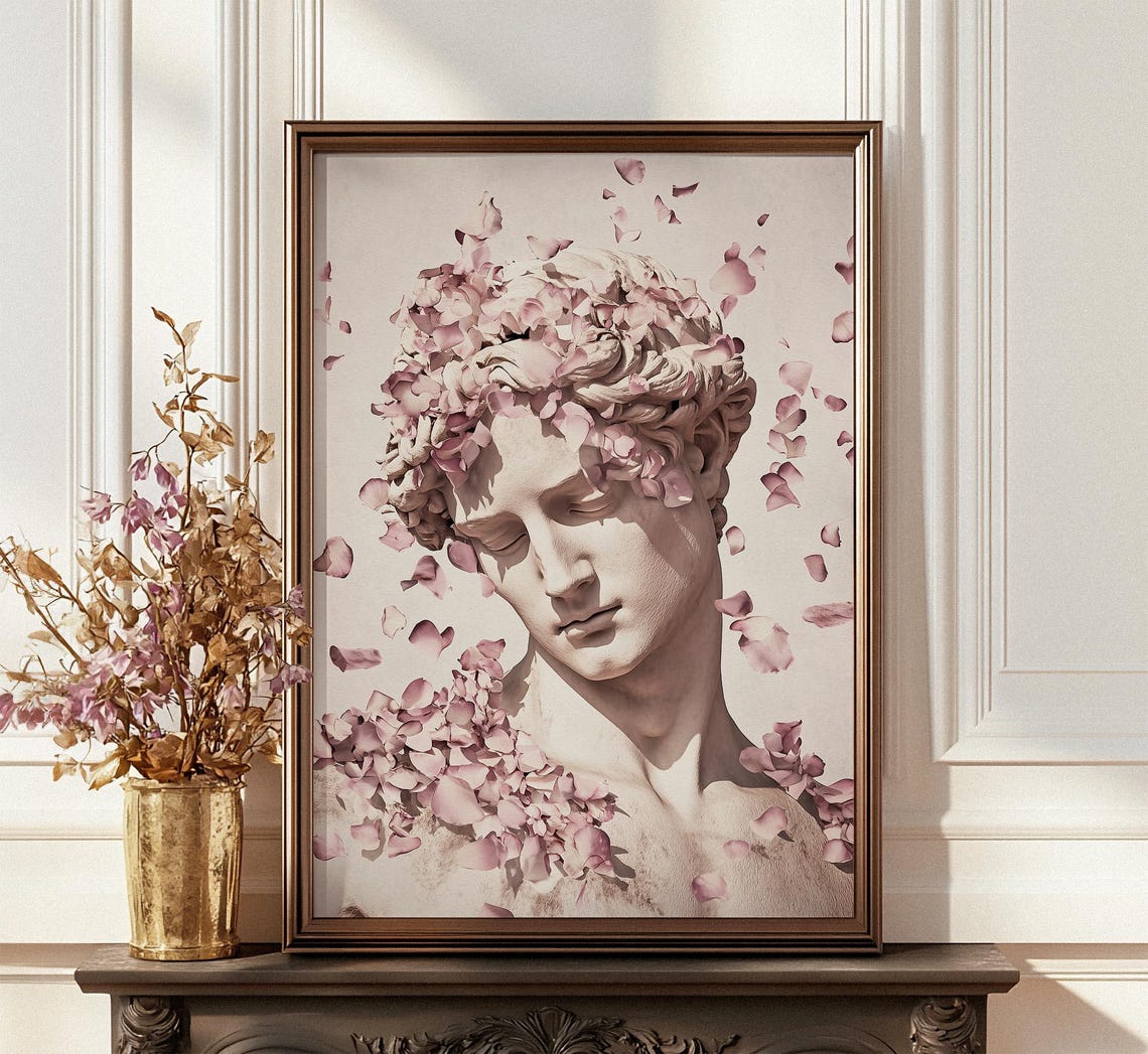 Michelangelo David Statue with Pink Petals Classical Art Poster - Image 4