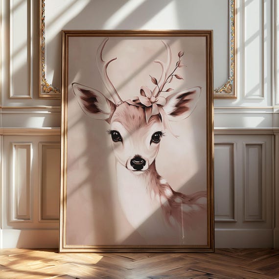 Deer Painting Wall Art Cute Animal Illustration Winter Christmas Decor Fireplace Mantel Display Poster Feminine Romantic Style Artwork 142