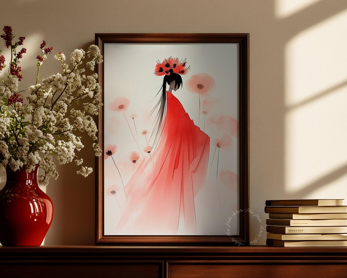Geisha Red Kimono Watercolor Japanese Woman Portrait Floral Art Poster - Image 4