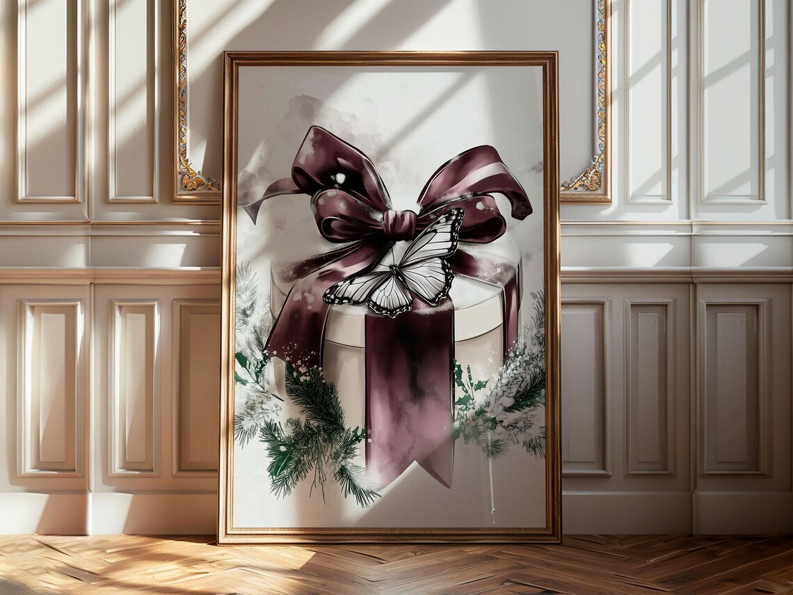 Dark Plum Bow Watercolor Christmas Gift Box With Butterfly Art Poster