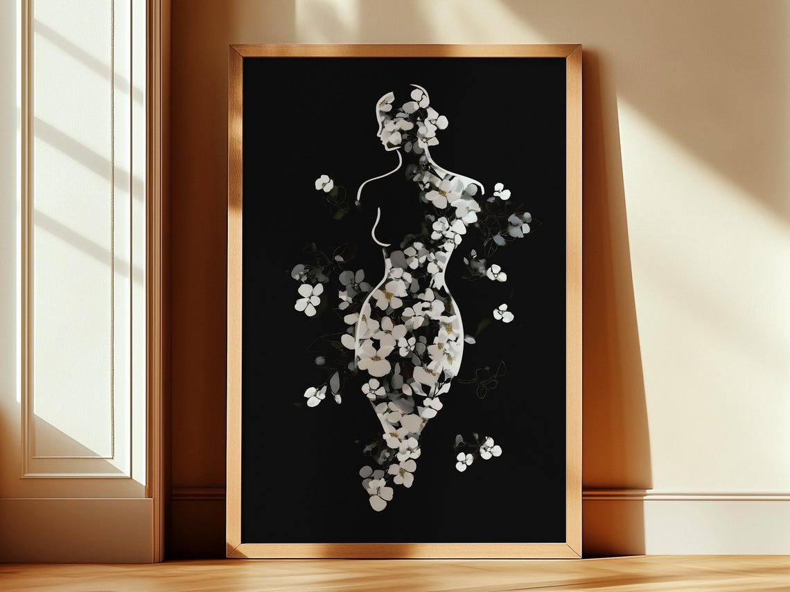 Woman Silhouette Filled With White Blossoms on Black Floral Poster