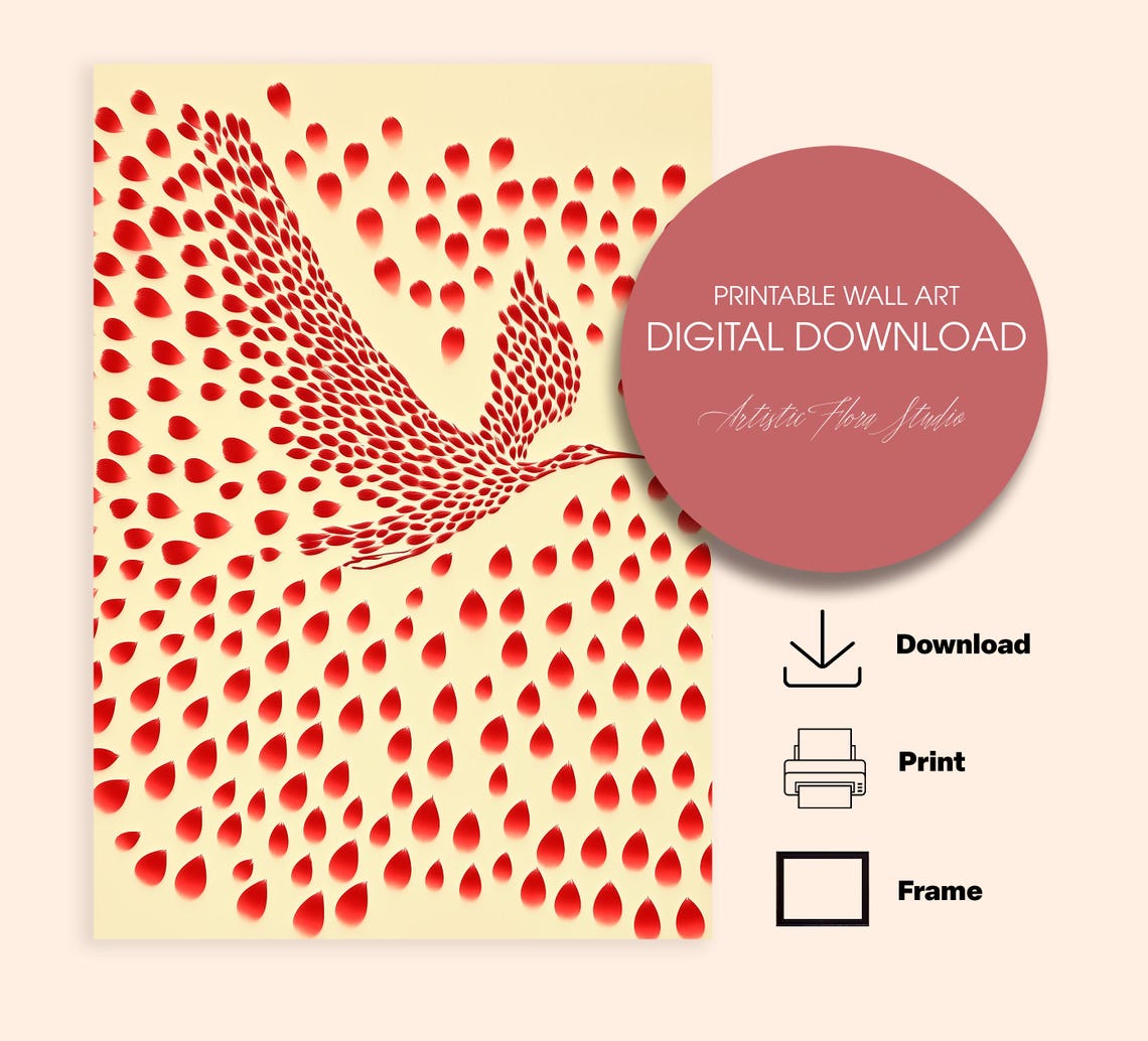Flying Bird Red Petal Mosaic Dot Art Cream Abstract Wall Poster - Image 2
