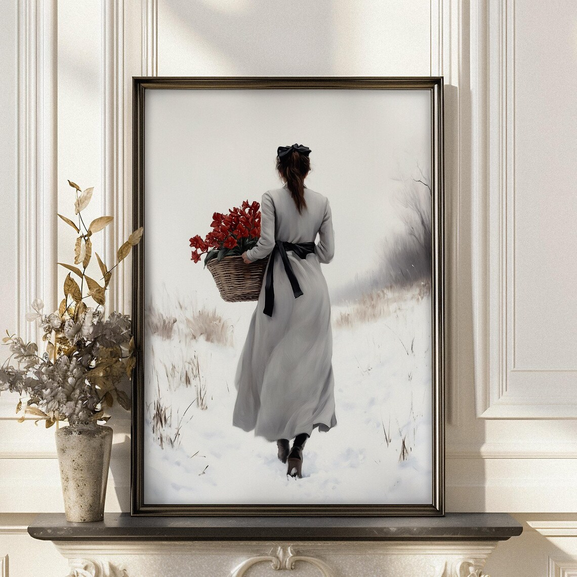 Woman in White Dress With Black Bow and Red Amaryllis Christmas Poster - Image 4