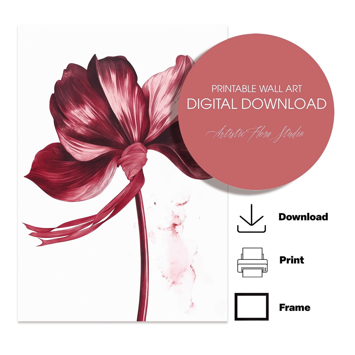Burgundy Floral Blossom with Ribbon Botanical Watercolor Poster - Image 2