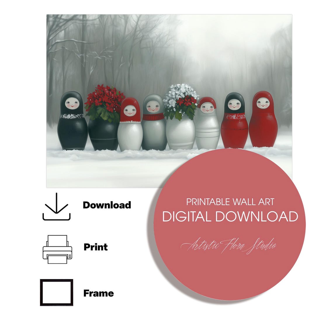 Matryoshka Nesting Dolls With Poinsettias In Snowy Forest Poster - Image 4