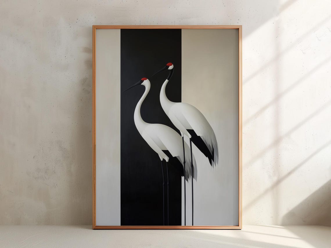 Red Crowned Crane Pair on Black and Beige Minimalist Japandi Poster