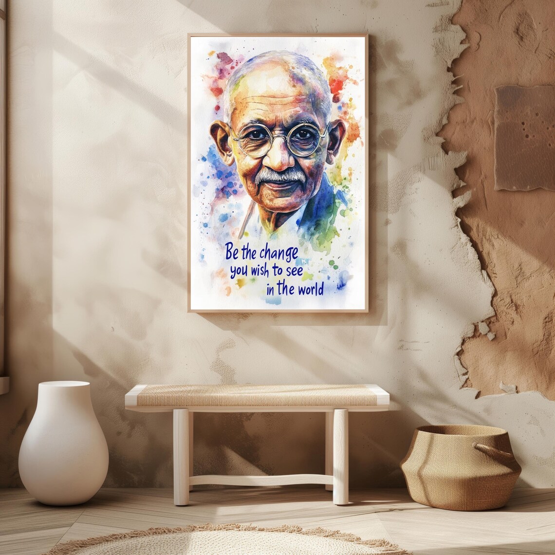 Mahatma Gandhi Watercolor Portrait Be The Change Inspirational Quote Print - Image 2
