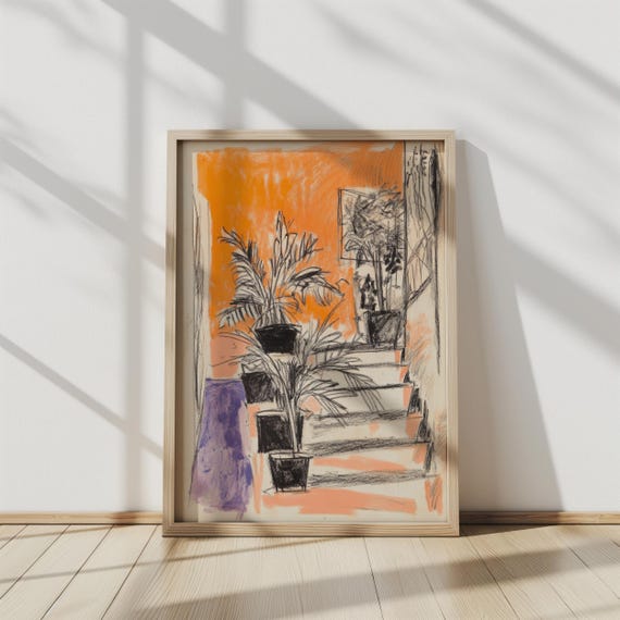 Steps Of Verdure Bold Indoor Plant Sketch In Orange Black Modern Charcoal Drawing Of Potted Plants Vibrant Abstract Interior Art Print