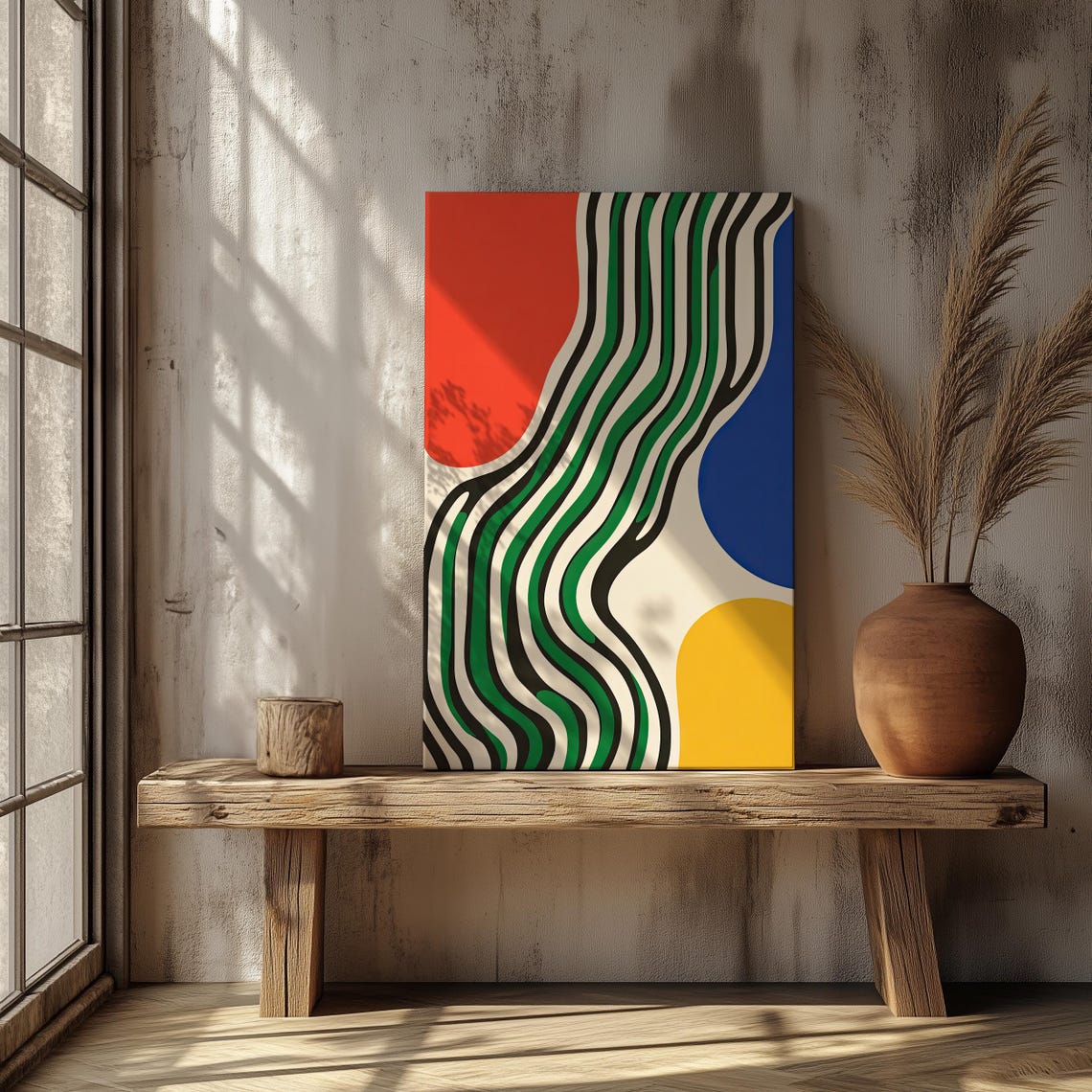 Retro Wavy Stripes Abstract Art Red Blue Yellow Color Block Poster - Image 3