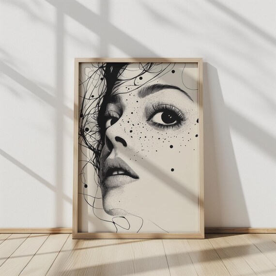 Whispers In Ink Minimalist Ink Portrait Black And White Line Art Elegant Freckled Face Illustration Home Decor Art Wall Art