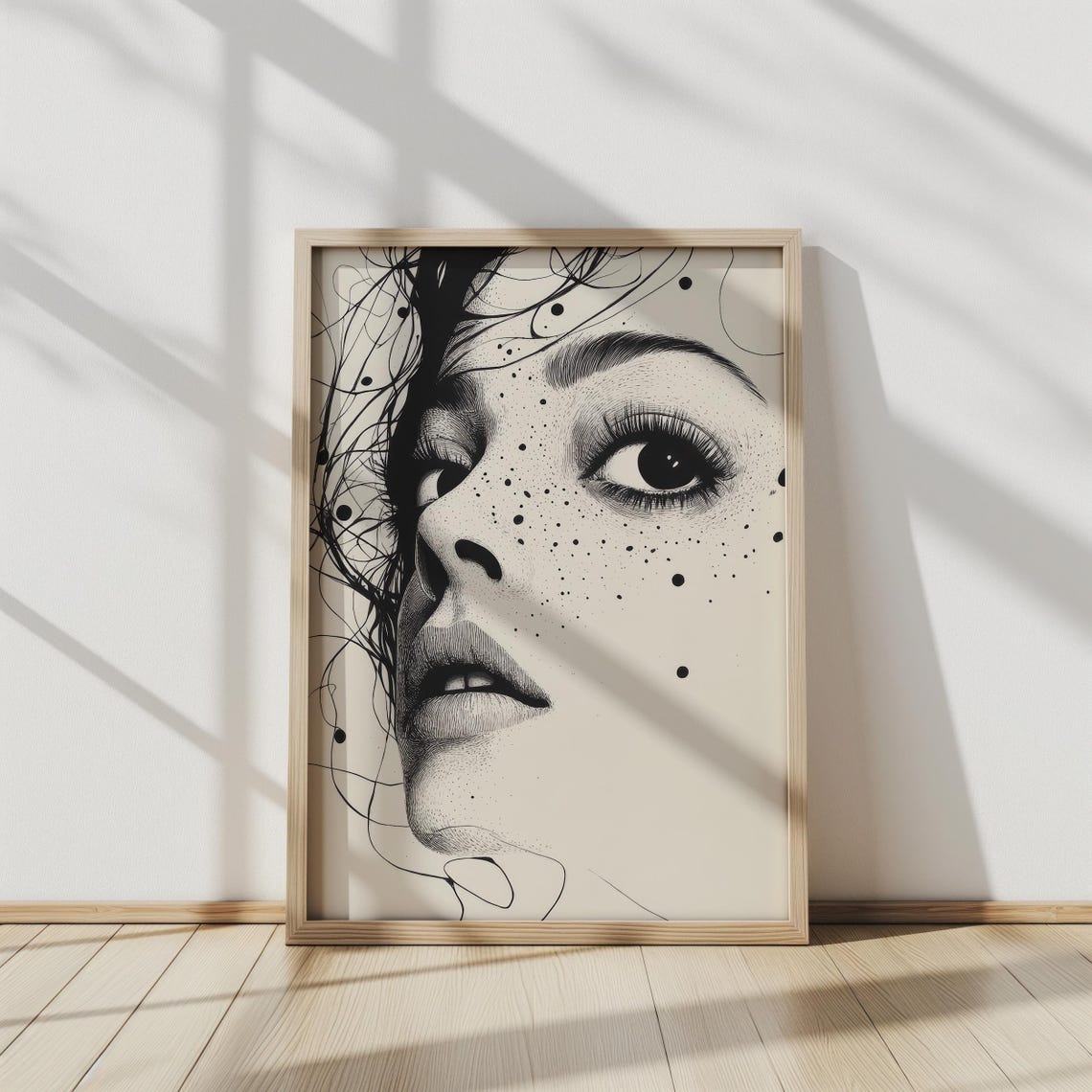 Freckled Woman Ink Portrait Black White Expressive Line Art Poster