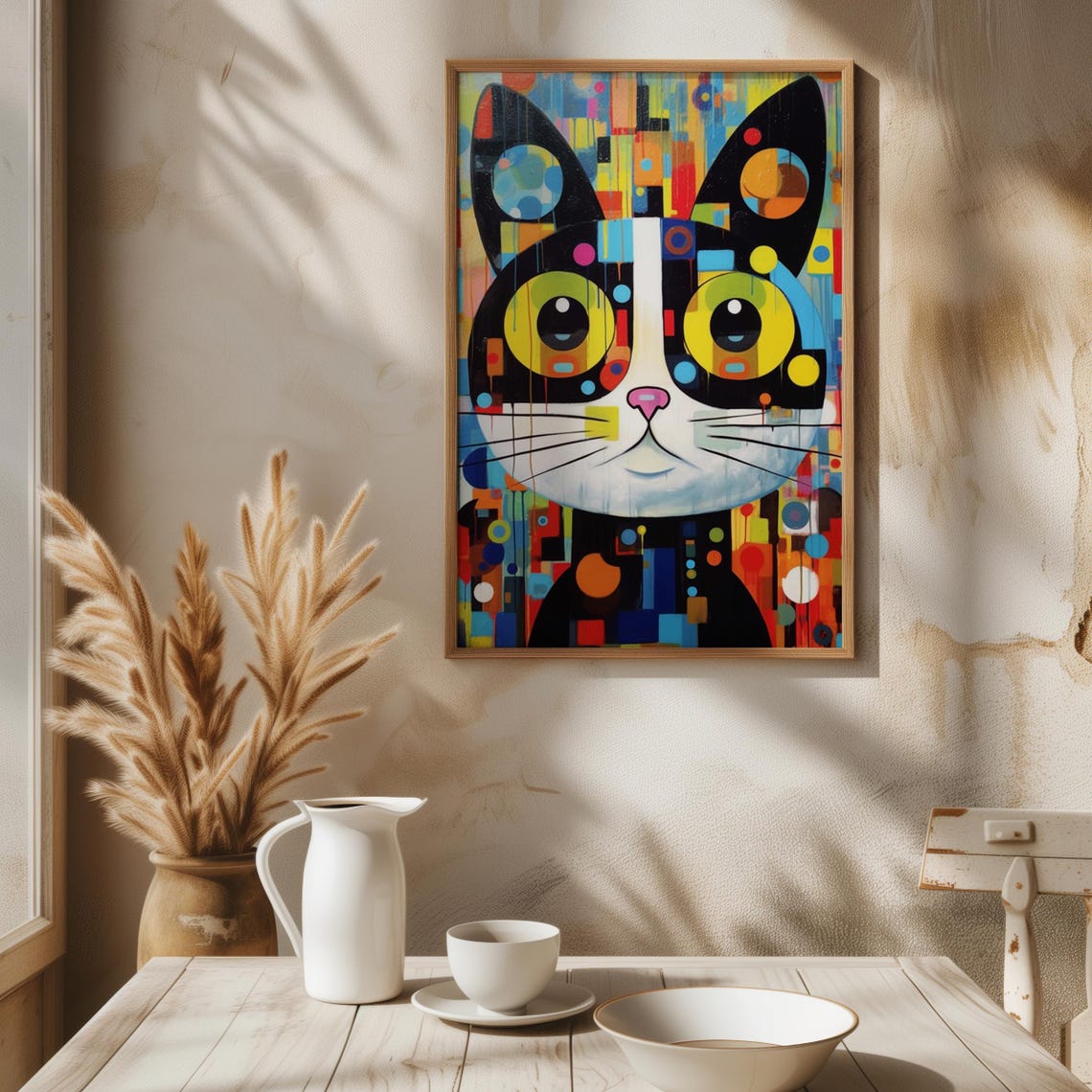 Pop Art Cat Face Print Colorful Geometric Dots Yellow Eyes Wall Poster - Image 3