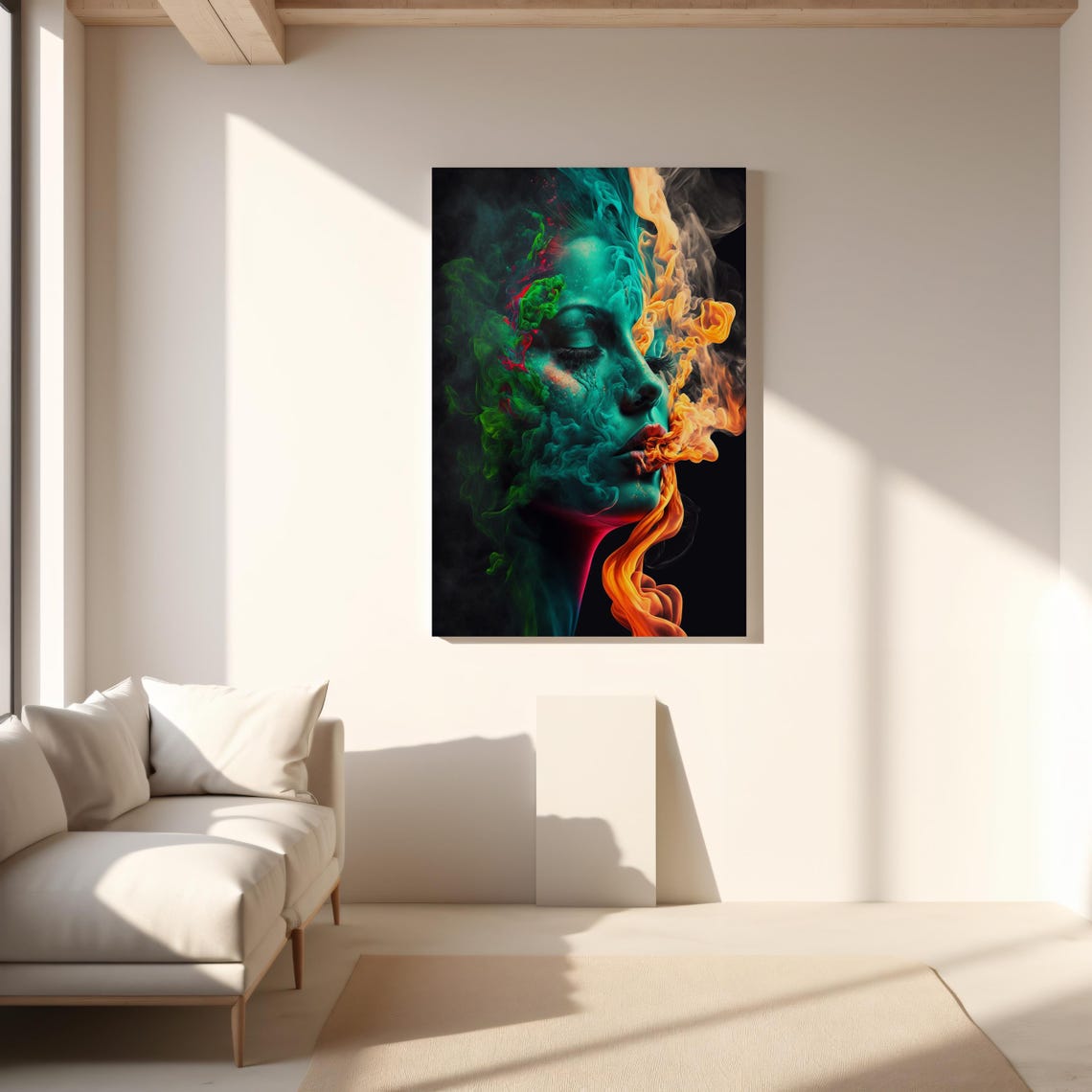 Ethereal Woman Smoke Portrait Teal Orange Mist Psychedelic Art Poster - Image 2