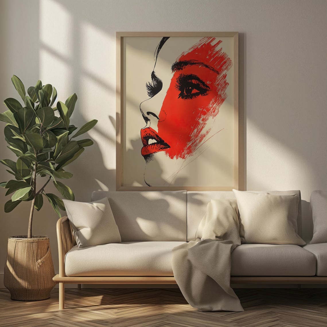 Bold Red Pop Art Female Profile Portrait Black Line Art Poster - Image 3