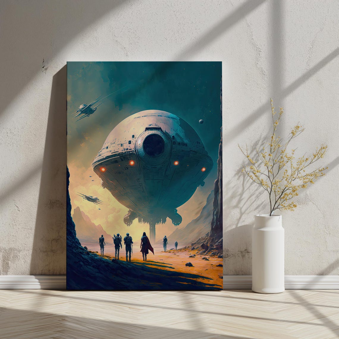 Giant Spaceship Desert Sci Fi Astronauts Retro Space Art Poster